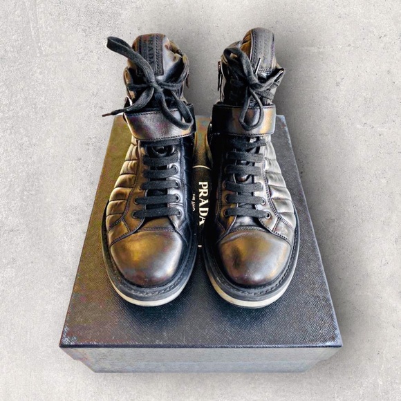 PRADA Levitate Black Quilted Leather High-Top Men’s Sneakers - Picture 14 of 17